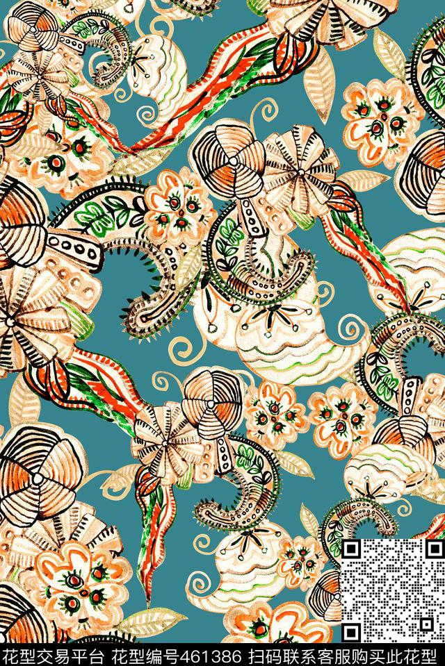 手绘抽象欧式花纹数码印花华亿平台下载（图片编号: 461386） - 瓦栏（Walan）