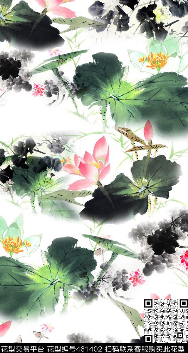 莲花水墨画中国风数码印花华亿平台下载（图片编号: 461402） - 瓦栏（Walan）