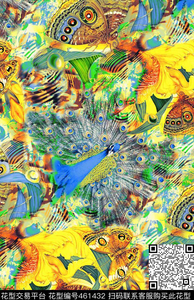 孔雀蝴蝶幻彩底纹数码印花华亿平台下载（图片编号: 461432） - 瓦栏（Walan）