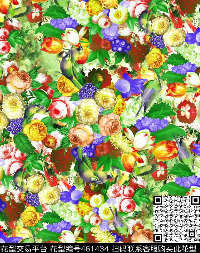 油画花卉鸟绚丽底纹数码印花华亿平台下载（图片编号: 461434） - 瓦栏（Walan）