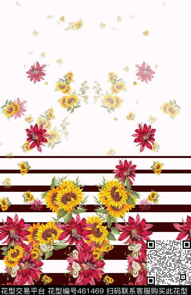 条子定位花花卉数码印花华亿平台下载（图片编号: 461469） - 瓦栏（Walan）