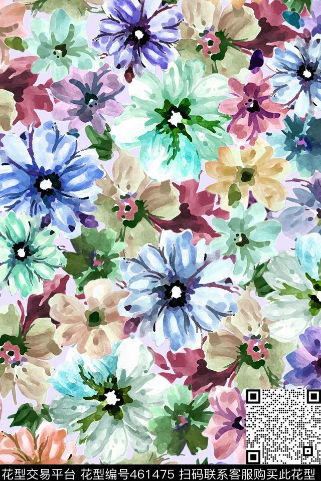 清晰花卉满版组合手绘花数码印花华亿平台下载（图片编号: 461475） - 瓦栏（Walan）