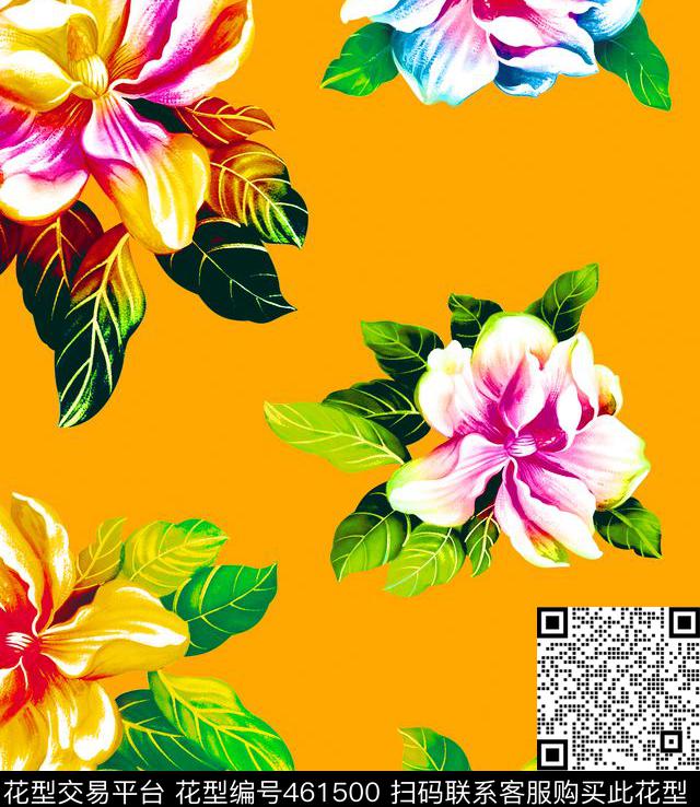 彩色花朵花卉欧美流行时尚手绘水墨花传统印花华亿平台下载（图片编号: 461500） - 瓦栏（Walan）