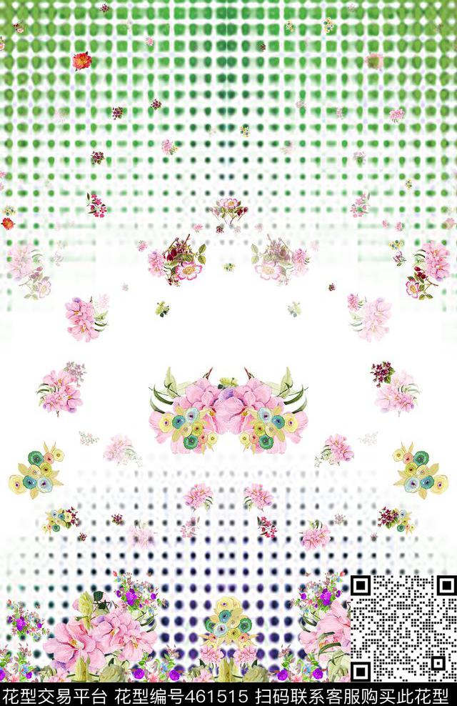 格子定位花花卉数码印花华亿平台下载（图片编号: 461515） - 瓦栏（Walan）