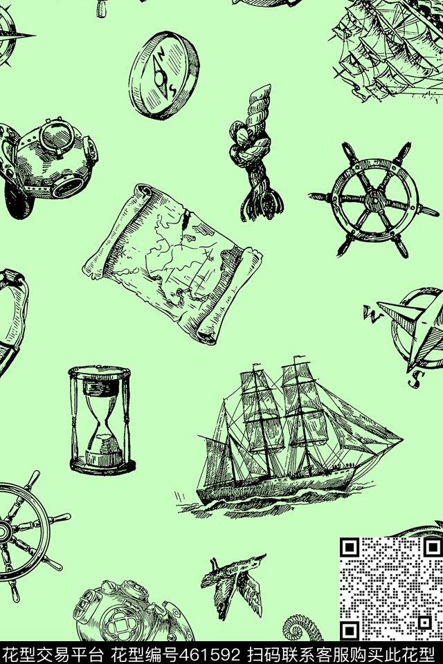 满版华亿平台航船元素线条传统印花华亿平台下载（图片编号: 461592） - 瓦栏（Walan）