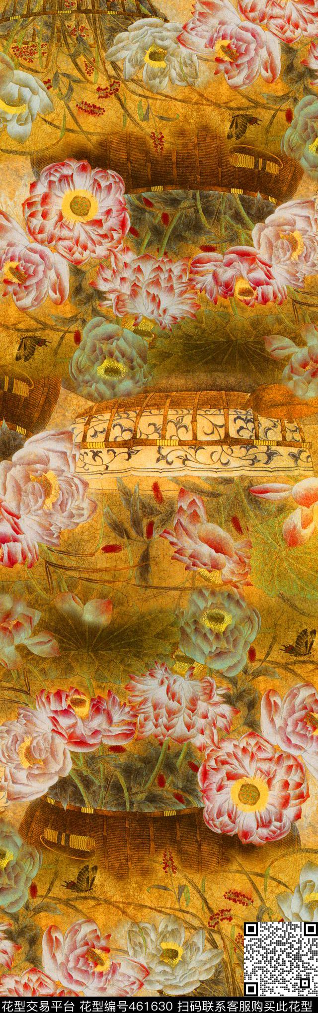 宫廷富贵荷花黄金色调数码印花华亿平台下载（图片编号: 461630） - 瓦栏（Walan）