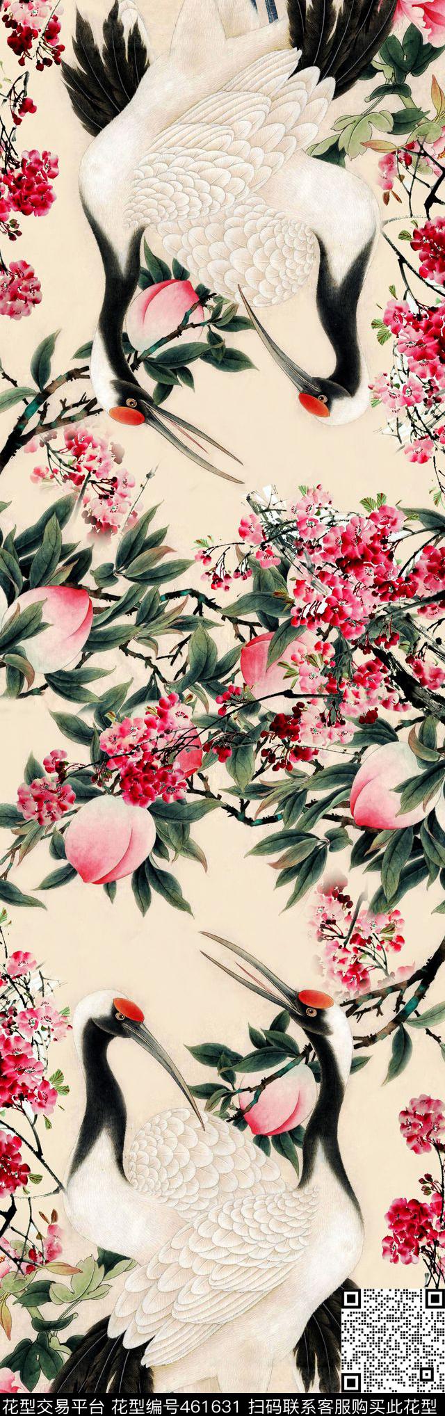 中国风仙鹤桃子数码印花华亿平台下载（图片编号: 461631） - 瓦栏（Walan）