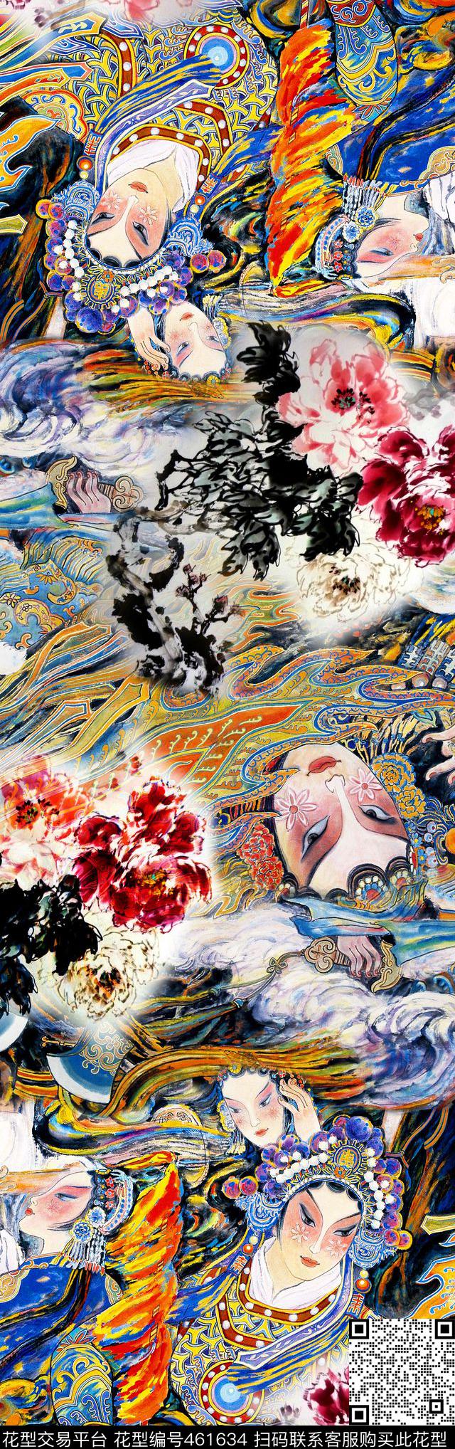 中国风京剧人物牡丹花数码印花华亿平台下载（图片编号: 461634） - 瓦栏（Walan）