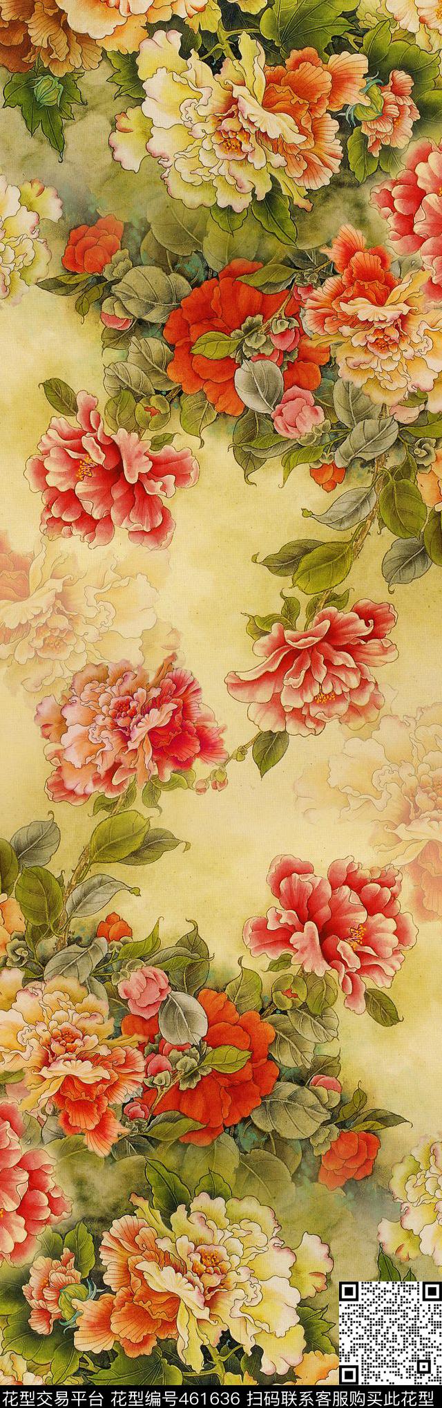 中国风牡丹花黄红色调数码印花华亿平台下载（图片编号: 461636） - 瓦栏（Walan）