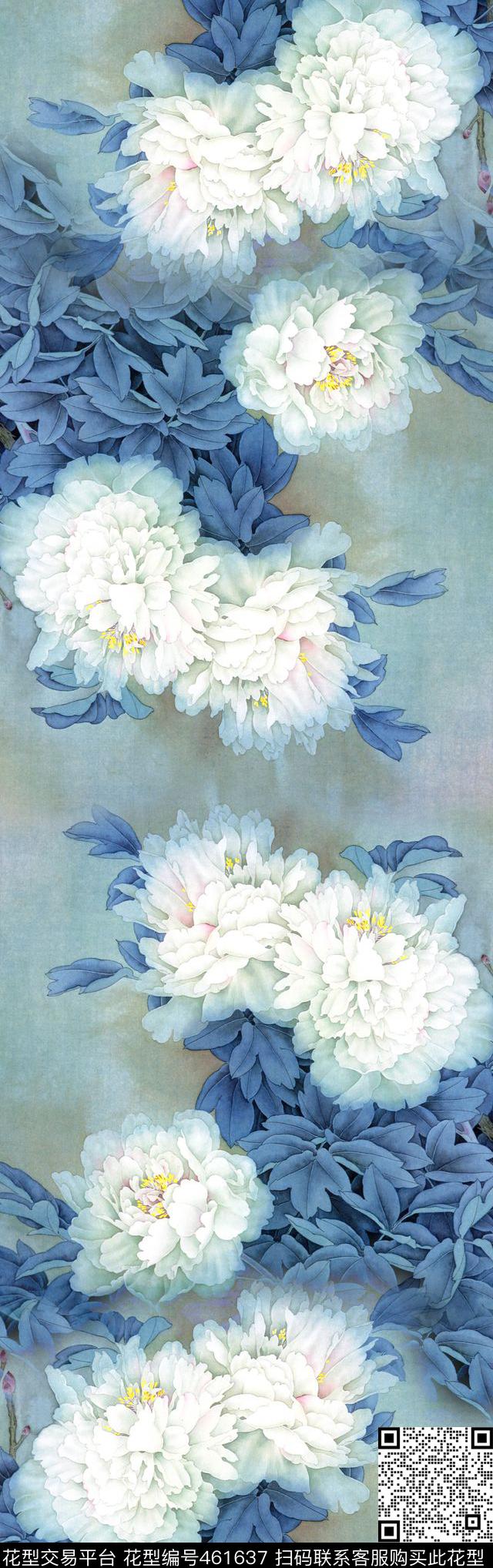蓝白色调牡丹花中国风数码印花华亿平台下载（图片编号: 461637） - 瓦栏（Walan）