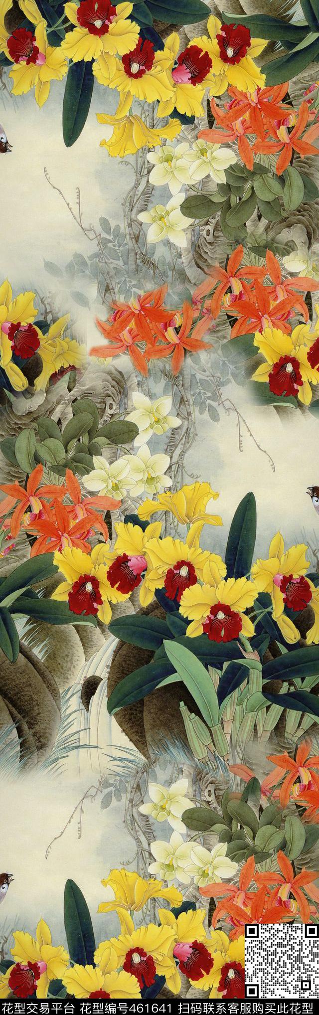 中国风水仙花鸟黄灰色调数码印花华亿平台下载（图片编号: 461641） - 瓦栏（Walan）