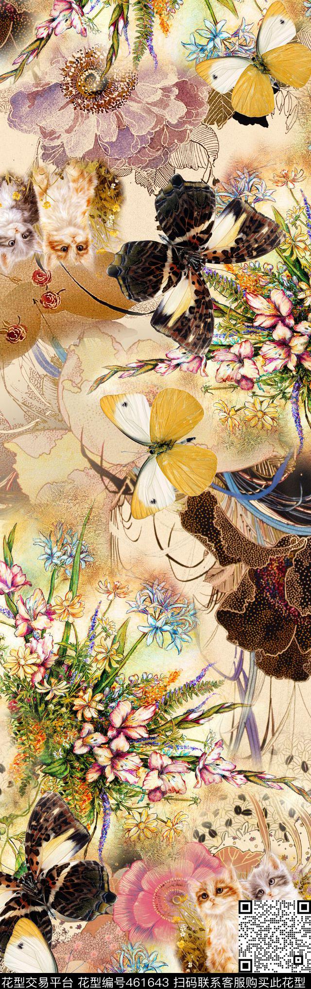 田园蝴蝶猫花卉数码印花华亿平台下载（图片编号: 461643） - 瓦栏（Walan）