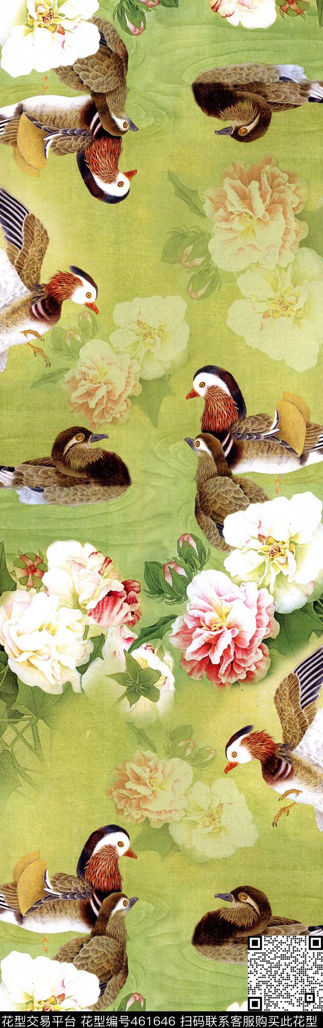 中国风鸳鸯芙蓉花绿色数码印花华亿平台下载（图片编号: 461646） - 瓦栏（Walan）