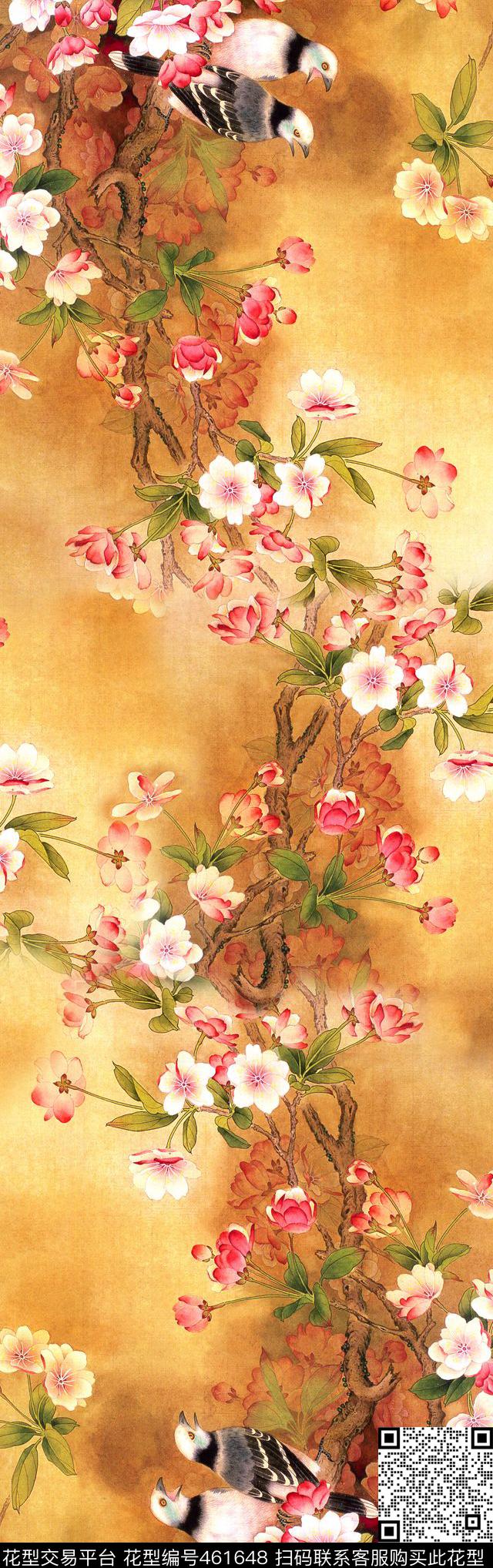 金黄色调鸟海棠花中国风数码印花华亿平台下载（图片编号: 461648） - 瓦栏（Walan）