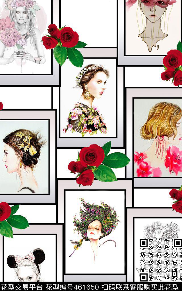 个性插画头像玫瑰数码印花华亿平台下载（图片编号: 461650） - 瓦栏（Walan）
