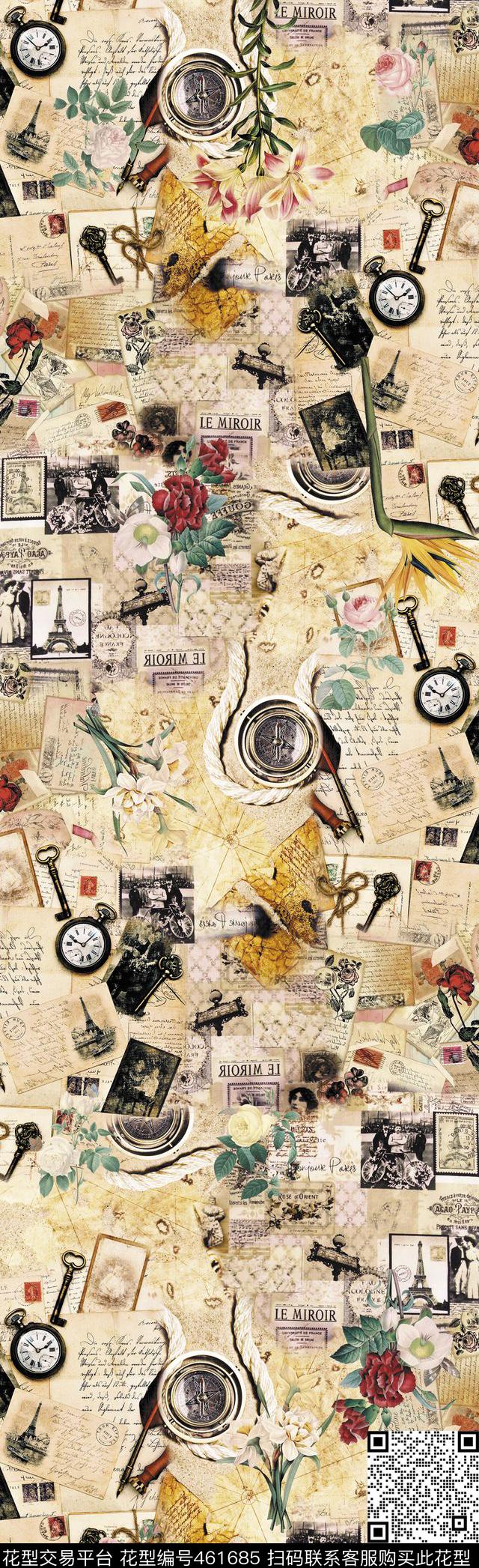 手绘钟表中南针数码印花华亿平台下载（图片编号: 461685） - 瓦栏（Walan）