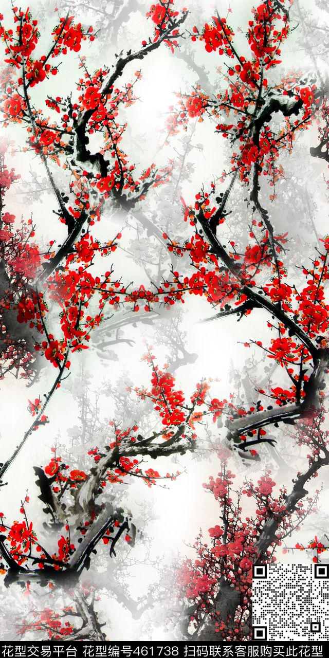 中国风水墨梅花数码印花华亿平台下载（图片编号: 461738） - 瓦栏（Walan）