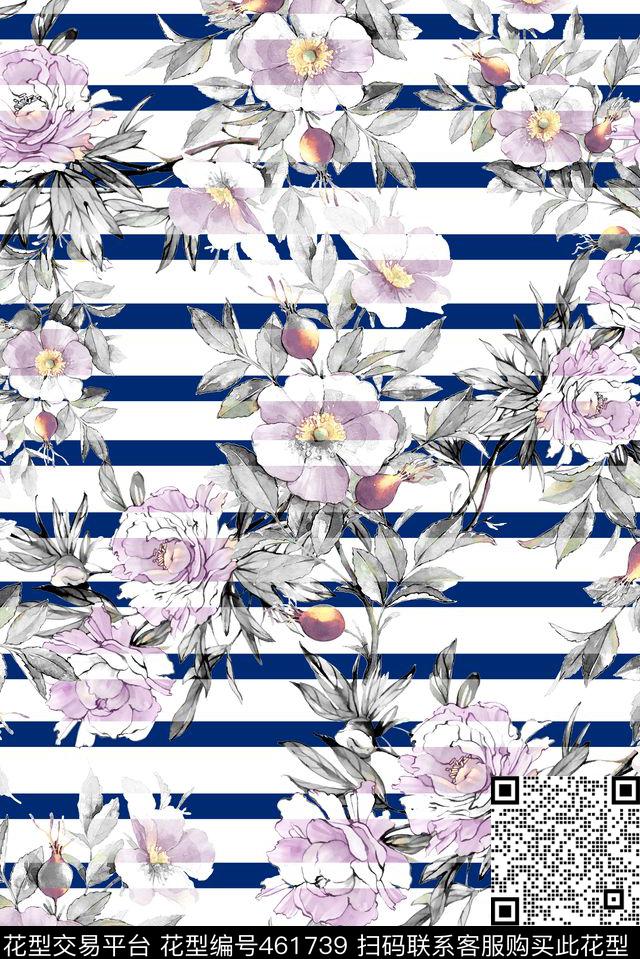 条纹花卉花朵数码印花华亿平台下载（图片编号: 461739） - 瓦栏（Walan）