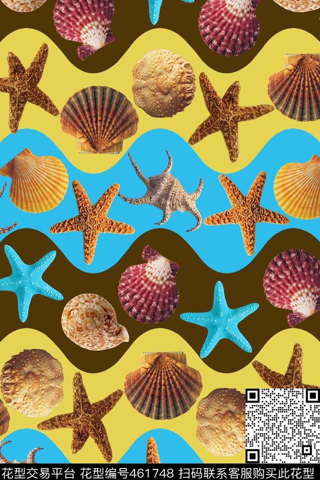 贝壳海星海浪沙滩色数码印花华亿平台下载（图片编号: 461748） - 瓦栏（Walan）