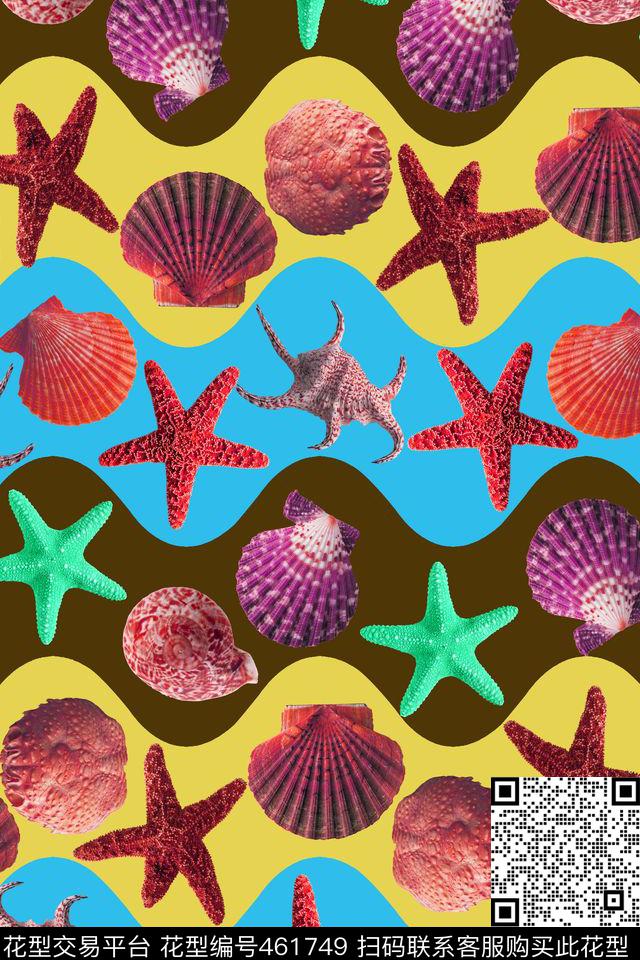 贝壳海星海浪沙滩色数码印花华亿平台下载（图片编号: 461749） - 瓦栏（Walan）