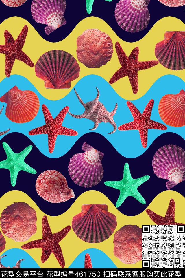 贝壳海星海浪沙滩色数码印花华亿平台下载（图片编号: 461750） - 瓦栏（Walan）