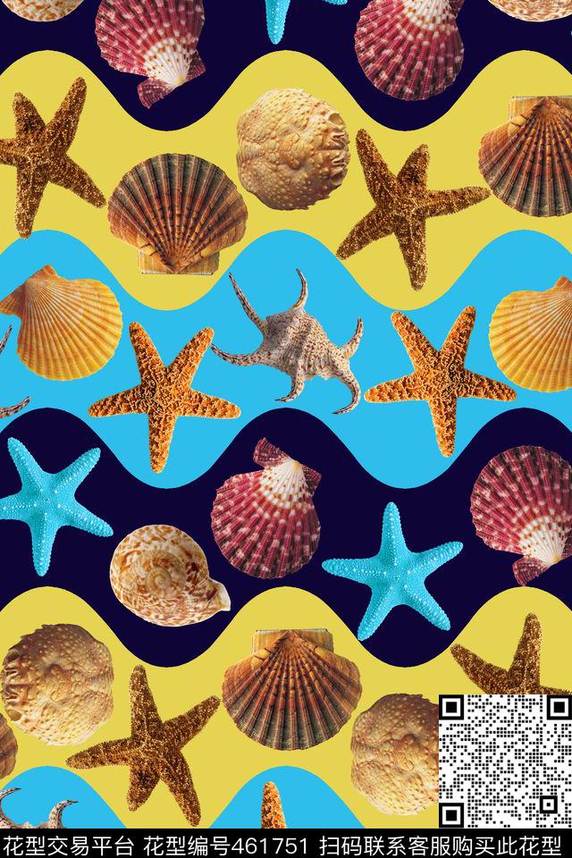 贝壳海星海浪沙滩色数码印花华亿平台下载（图片编号: 461751） - 瓦栏（Walan）