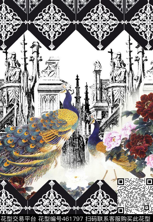 复古手绘孔雀牡丹时尚定位数码印花华亿平台下载（图片编号: 461797） - 瓦栏（Walan）