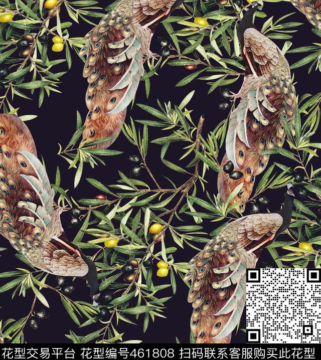 复古梨子孔雀流行时尚数码印花华亿平台下载（图片编号: 461808） - 瓦栏（Walan）