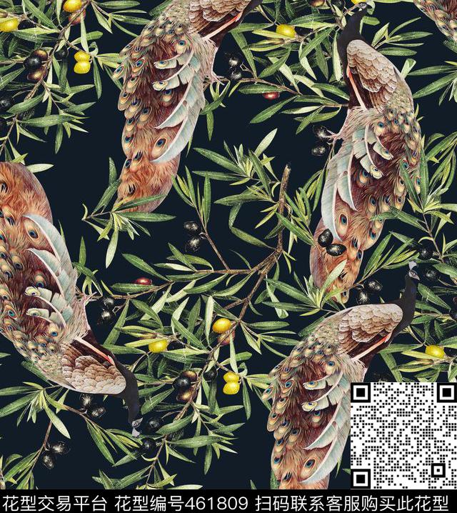 流行时尚复古梨子孔雀数码印花华亿平台下载（图片编号: 461809） - 瓦栏（Walan）