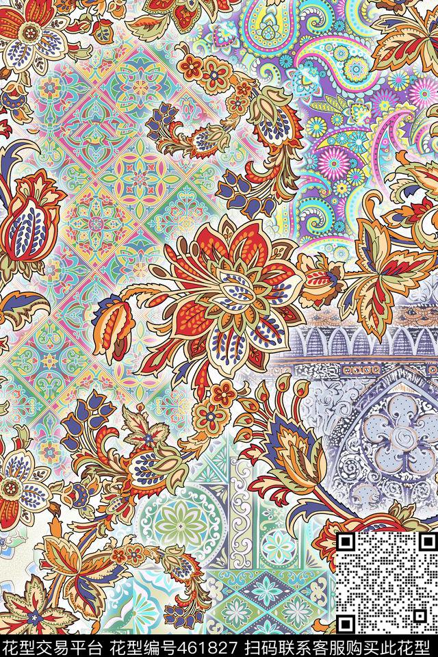 佩斯利花纹民族风花朵传统花纹拼接传统印花华亿平台下载（图片编号: 461827） - 瓦栏（Walan）