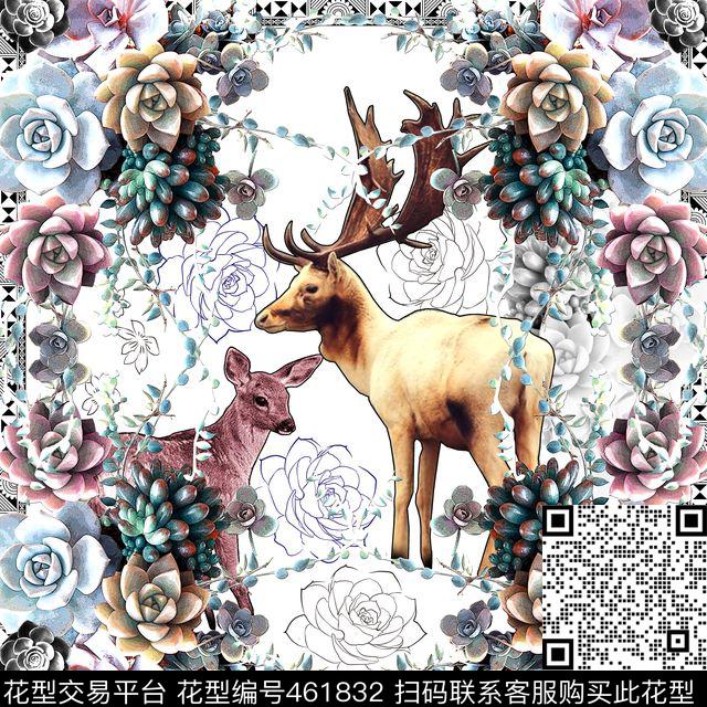 方巾丝巾数码印花复古小鹿多肉植物方巾花卉动物个性数码印花华亿平台下载（图片编号: 461832） - 瓦栏（Walan）