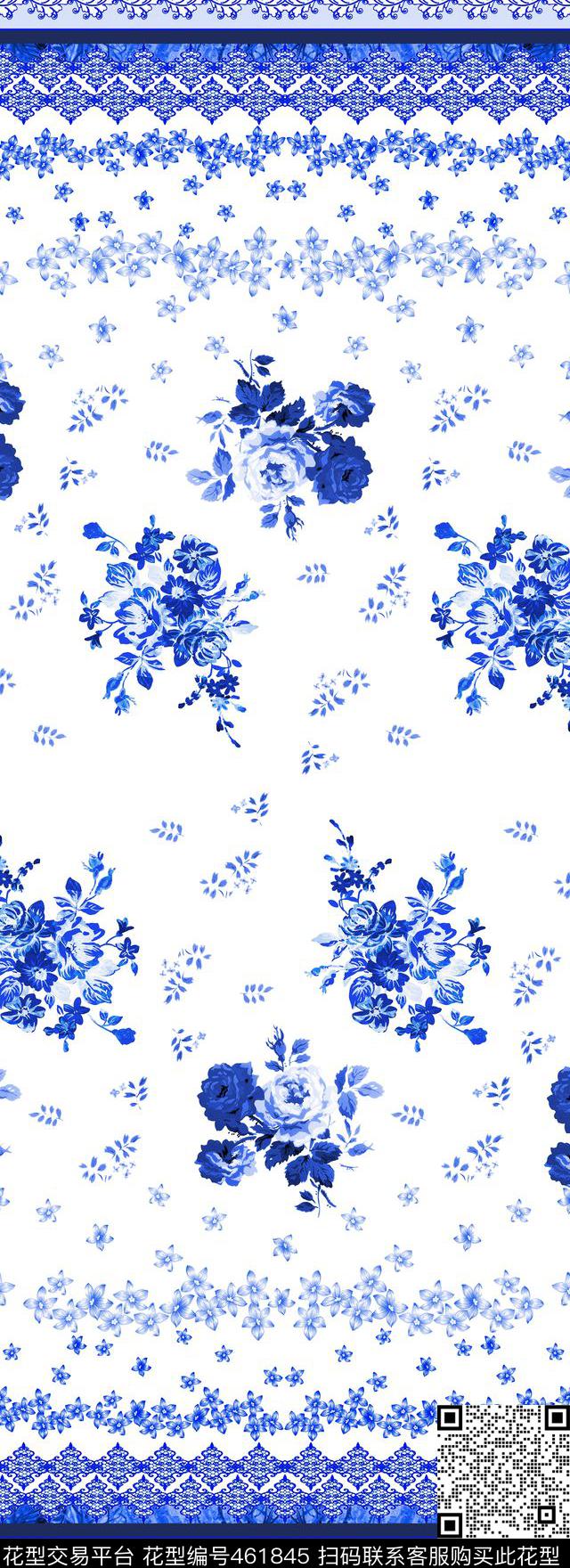 花卉青花瓷欧式花纹数码印花华亿平台下载（图片编号: 461845） - 瓦栏（Walan）