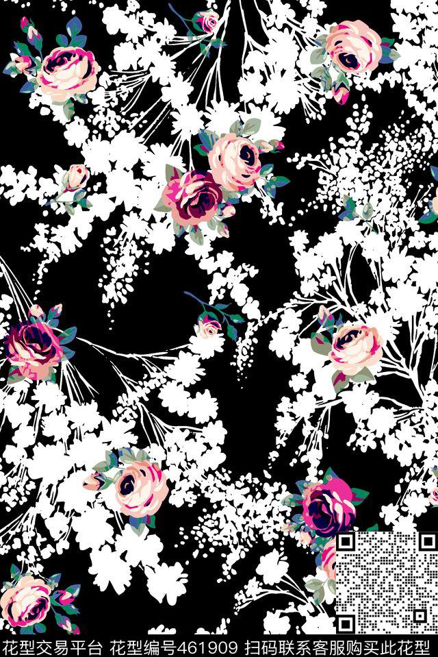 黑白剪影折枝数码印花华亿平台下载（图片编号: 461909） - 瓦栏（Walan）