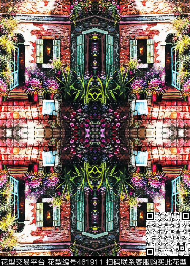 欧式油画田园风抽象房屋连衣裙定位印花数码印花华亿平台下载（图片编号: 461911） - 瓦栏（Walan）