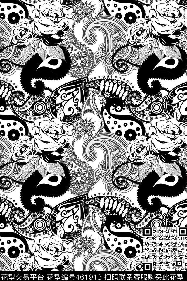 佩斯利纹样花和佩斯利纹样黑白传统印花华亿平台下载（图片编号: 461913） - 瓦栏（Walan）