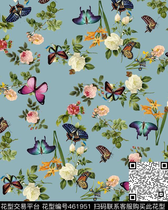 斑斓蝴蝶花卉玫瑰花数码印花华亿平台下载（图片编号: 461951） - 瓦栏（Walan）