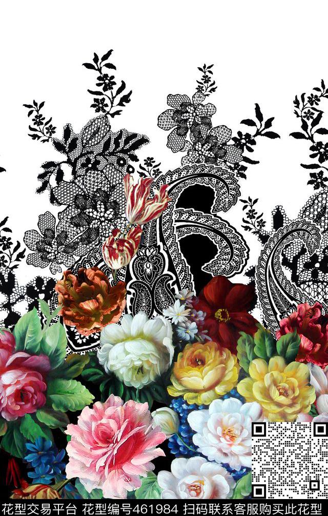 数码定位花卉蕾丝佩斯利花卉数码印花华亿平台下载（图片编号: 461984） - 瓦栏（Walan）