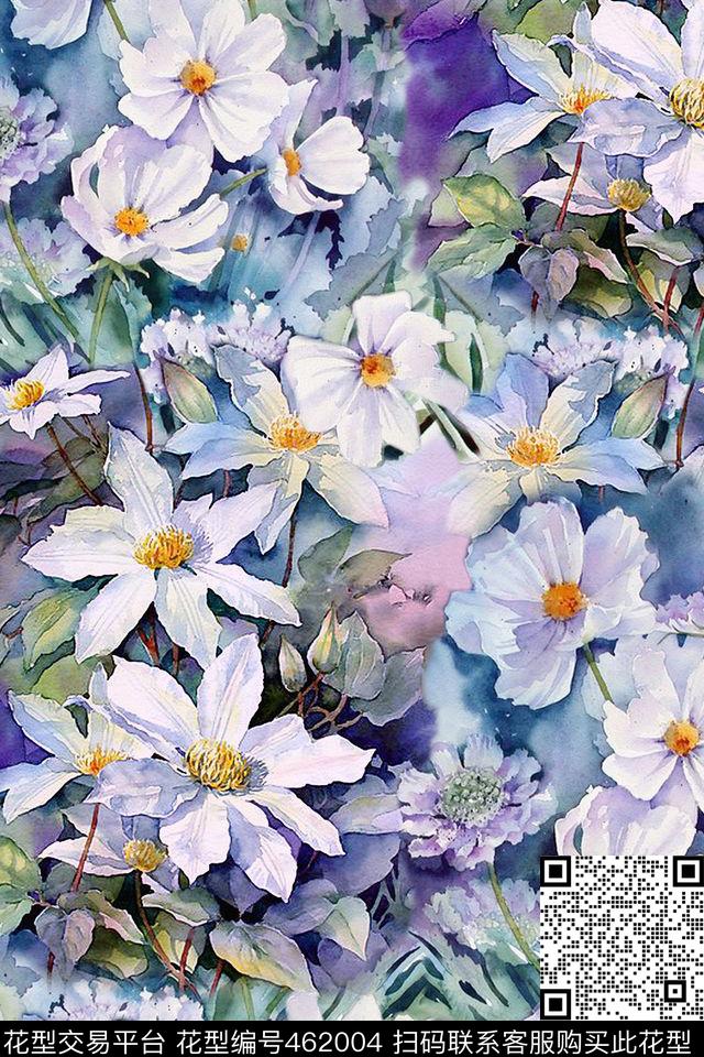 水墨花乱花丛花卉数码印花华亿平台下载（图片编号: 462004） - 瓦栏（Walan）