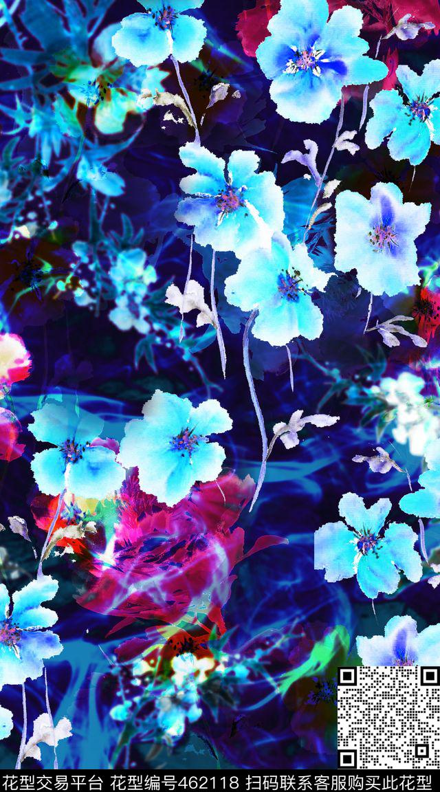 女装花卉组合抽象底纹、花卉、冷色调绚丽花园数码印花华亿平台下载（图片编号: 462118） - 瓦栏（Walan）