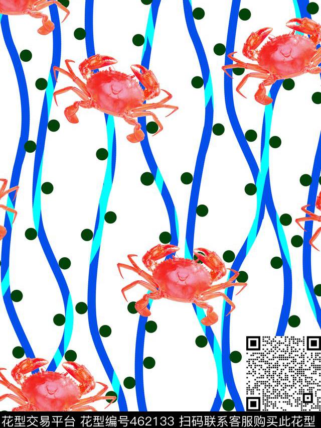 浪漫写意条纹波点螃蟹数码印花华亿平台下载（图片编号: 462133） - 瓦栏（Walan）