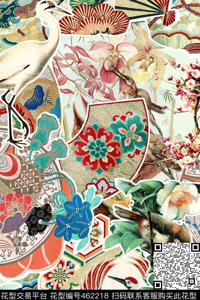 中国风仙鹤小鸟数码印花华亿平台下载（图片编号: 462218） - 瓦栏（Walan）