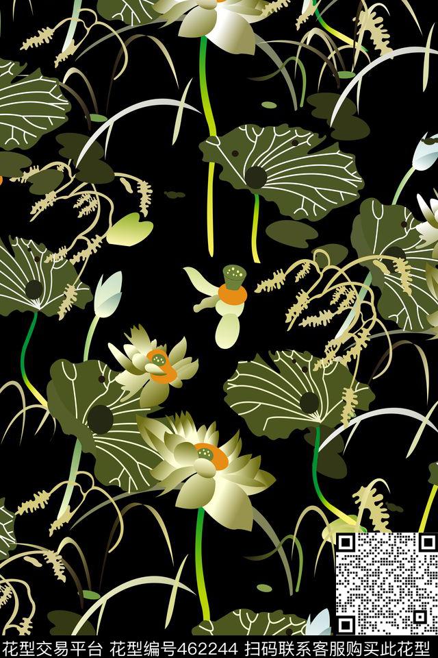休闲中国风手绘满幅莲花古典中国风数码印花华亿平台下载（图片编号: 462244） - 瓦栏（Walan）