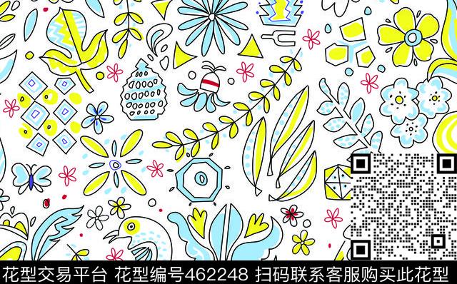 公鸡蝴蝶手绘水果叶子花朵传统印花华亿平台下载（图片编号: 462248） - 瓦栏（Walan）