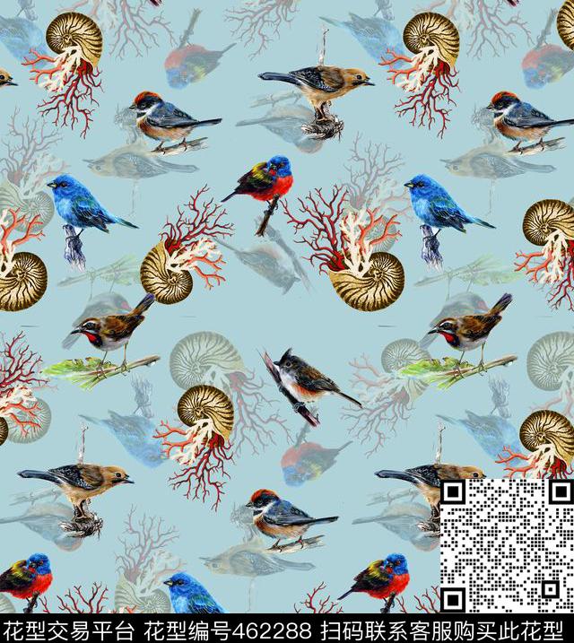 时尚复古水彩鸟贝壳数码印花华亿平台下载（图片编号: 462288） - 瓦栏（Walan）