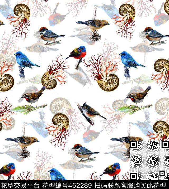 时尚复古水彩鸟贝壳数码印花华亿平台下载（图片编号: 462289） - 瓦栏（Walan）