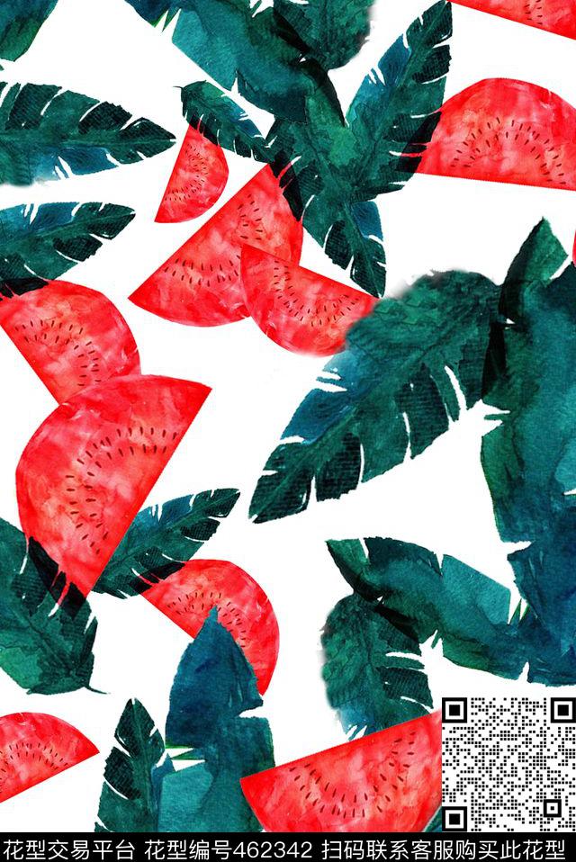 热带风情西瓜叶子数码印花华亿平台下载（图片编号: 462342） - 瓦栏（Walan）