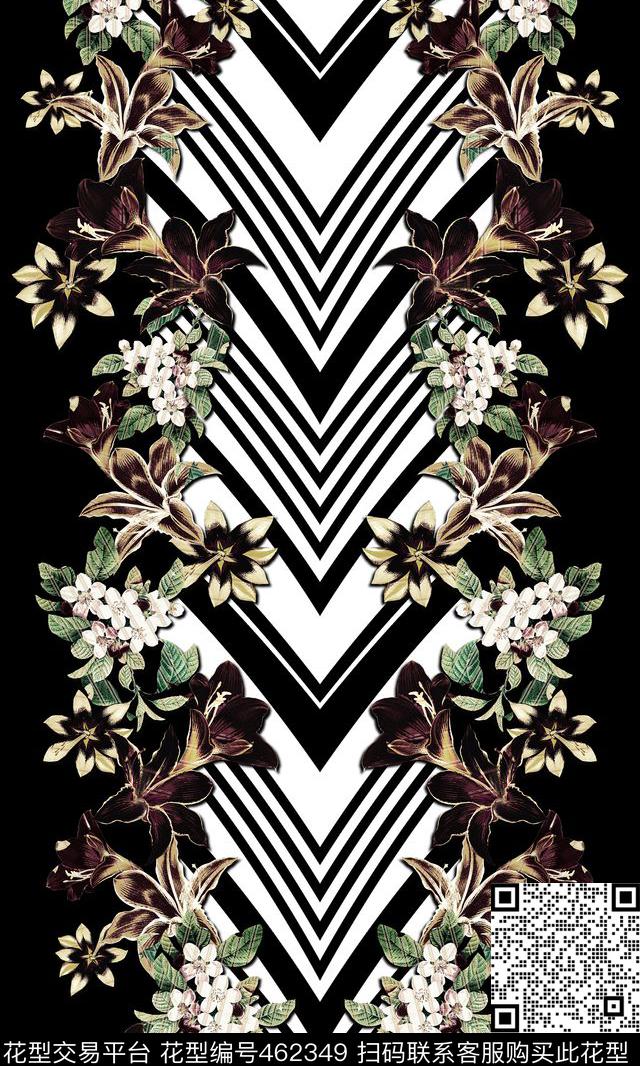 经典黑白线条复古花卉时装定位数码印花华亿平台下载（图片编号: 462349） - 瓦栏（Walan）