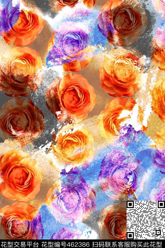 水彩水墨花朵数码印花华亿平台下载（图片编号: 462386） - 瓦栏（Walan）