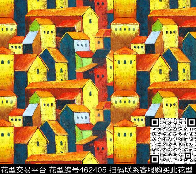 MAX-中国民族风手绘房屋田园风油画数码印花华亿平台下载（图片编号: 462405） - 瓦栏（Walan）