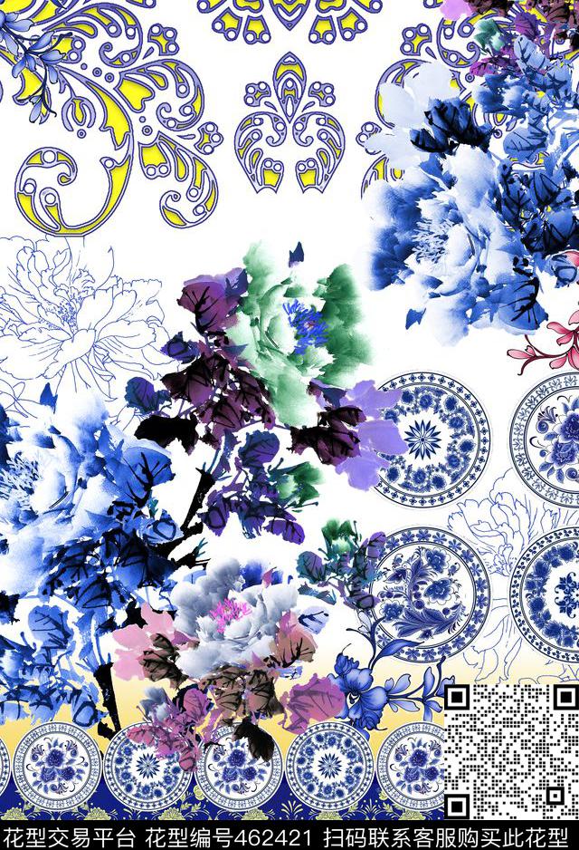 青花瓷青花瓷牡丹图案盘图案牡丹花卉数码印花华亿平台下载（图片编号: 462421） - 瓦栏（Walan）